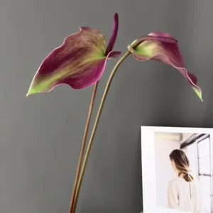 Artificial anthurium flower purple green faux plant for home wedding decor detail view