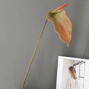 Artificial anthurium flower detail, realistic touch glued texture, elegant home decor stem.
