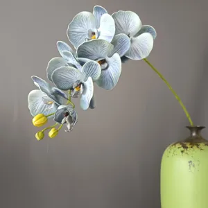 Dettaglio ramo di orchidea phalaenopsis blu finta, fiore decorativo in silicone vaso verde