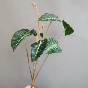 Rama de planta de hoja de oreja de elefante artificial, vista detallada para decoracion.