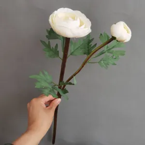 Artificial ranunculus fake flower detail view, 2 heads peony for home wedding decor.