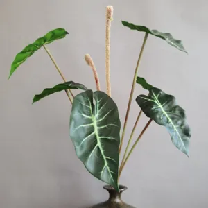 Primer plano detallado de hojas de planta oreja de elefante artificial con tallos reales.