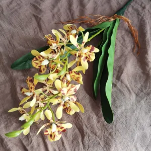 Artificial yellow spotted orchid flower branch for home decor hotel wholesale display.