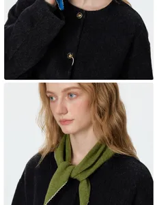 Vue détaillée du foulard triangulaire vert en tricot souple pour femmes avec bordure blanche.