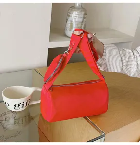 Red nylon shoulder bag detail view, casual crossbody toast bag with strap pouch for women