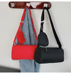 Casual solid color nylon shoulder bag stylish women crossbody cylinder commuter bag daily use