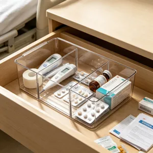 Boîte de rangement transparente pour tiroir, idéale pour organiser les médicaments et petits.