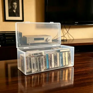 Transparent plastic cassette storage box, thickened dustproof container for audio tapes and cards.
