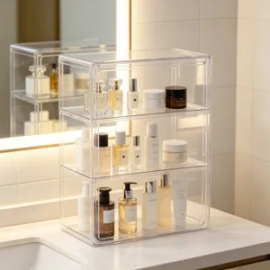 Organizer per profumi in acrilico trasparente e scaffale portaoggetti per cosmetici.