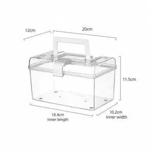 Transparent cassette storage box with handle and latch, clear plastic organizer for cards.