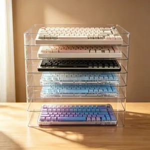 Détail de boîte de rangement de clavier multi-couches en acrylique transparent, support.