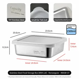 Boite de rangement en acier inoxydable avec couvercle, conteneur carre plat 1500ml.