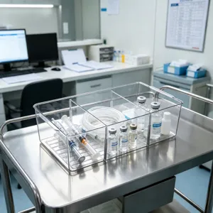 Boîte de rangement de bureau en plastique transparent avec séparateurs, vue principale.