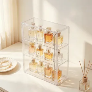 Organizer per profumi in acrilico trasparente ed espositore per cosmetici a più livelli.