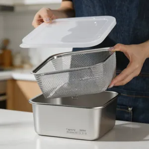 Ensemble Panier d'Égouttage Rectangulaire en Acier Inoxydable 304 Avec Couvercle Passoire de Cuisine Épaissie de Qualité Alimentaire Pour Fruits Légumes Stockage des Aliments