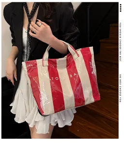 Fashion colorblock striped coated canvas tote bag, large capacity beach handbag for women.