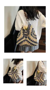 Detailed view of the handmade crochet shoulder bag with stylish wooden bead strap and chic pattern.