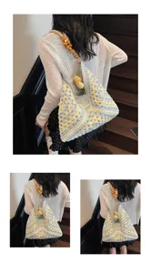 Handmade crochet shoulder bag detail, blue and yellow hollow woven underarm bag with wooden beads.