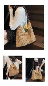 Detailed view of the chic straw woven shoulder bag featuring unique wooden bead handle.