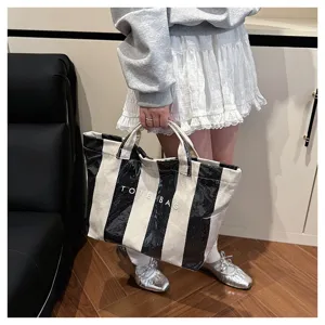 Summer color block striped coated canvas tote bag large capacity beach handbag for women