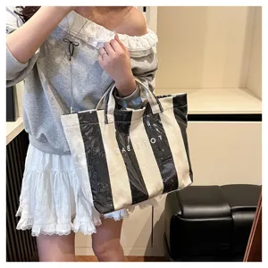 Summer color-block striped coated canvas tote bag, large capacity beach bag for women.