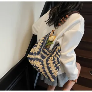 Handcrafted crochet straw shoulder bag with wooden beads, perfect for beach vacation and daily style.