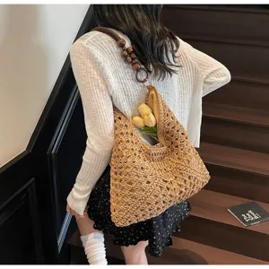 Woven straw shoulder bag for women, handmade hollow out beach hobo bag with wood beads strap.