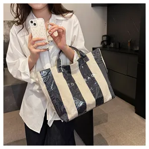 Summer Color Contrast Striped Coated Canvas Tote Bag Beach Bag Large Capacity Women