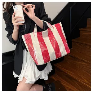 Red and white striped coated canvas tote bag, large capacity beach shoulder bag for women.