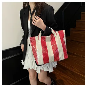 Red white striped coated canvas tote bag, large capacity beach handbag for women fashion summer style