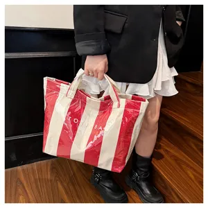 Red white striped coated canvas tote bag large capacity beach handbag with letter print