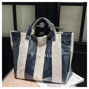Large Capacity Colorblock Striped Coated Canvas Tote Bag Casual Summer Beach Bag With Double Handles And Letter Print