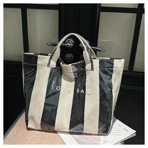 Black and white striped coated canvas tote bag, large capacity beach handbag for women summer.