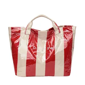 Red white striped coated canvas tote bag, large capacity beach bag for women summer travel.