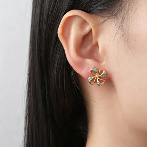Stainless Steel Gold Plated Blue Zircon Four Leaf Clover Stud Earrings for Women Fashion Jewelry