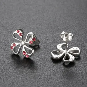 Stainless steel flower stud earrings for women with pink zircon details daily wear jewelry.