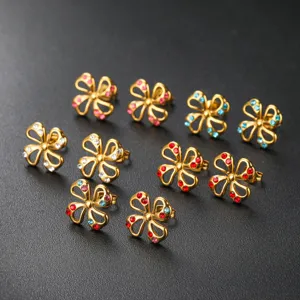Stainless Steel Zirconia Flower Stud Earrings Minimalist Four Petal Pierced Jewelry Gift