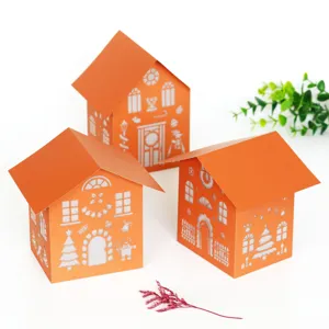 Christmas orange paper house lantern hollow carved night light shade with tree detail