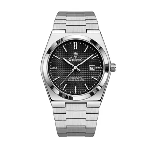 Men's silver stainless steel quartz watch with black textured dial and date display.