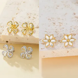 Stainless Steel Zircon Flower Stud Earrings Gold Silver Plated Four-Leaf Clover Fashion Jewelry Gift For Women