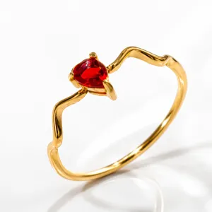Gold wavy stainless steel ring with red pear cubic zirconia minimalist fashion jewelry