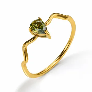 Wavy stainless steel ring featuring a pear-cut olive green zircon stone for minimalist luxury style.