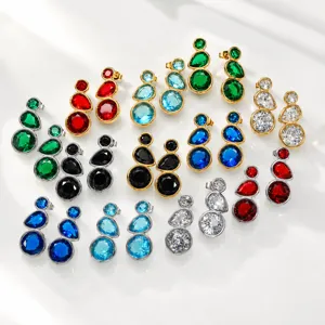 Minimalist Titanium Steel Geometric Drop Earrings With Colorful Simulated Gemstone Rhinestone Elegant Women Fashion Jewelry