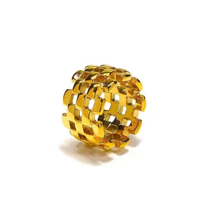 Vergulde titanium staal mesh ring, minimalistische geometrische vinger sieraden.