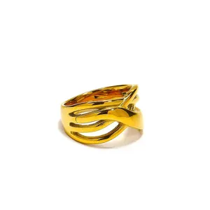 Gedetailleerde close-up van de elegante onregelmatige, met goud vergulde titanstalen ring.
