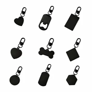 Stainless steel blank engraving keychains with various shapes and black clips size guide