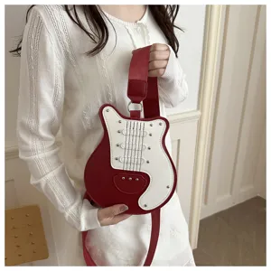 Unique creative guitar shaped shoulder bag for women, stylish red and white crossbody detail.