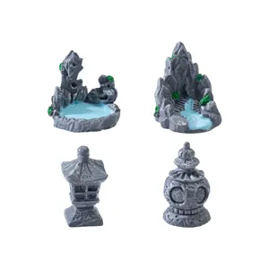 Miniature resin rockery pagoda landscaping ornaments for fairy garden desktop DIY decor set.