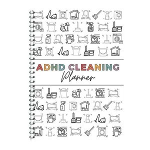 Quaderno pianificatore di pulizie ADHD con elenco di controllo e icone domestiche.