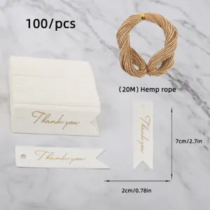 100pcs white thank you gift tags with 20m hemp rope decorative paper labels tags 7x2cm